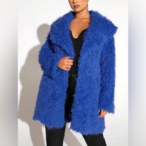 Brand new royal Blue waterfall collar open front fuzzy coat